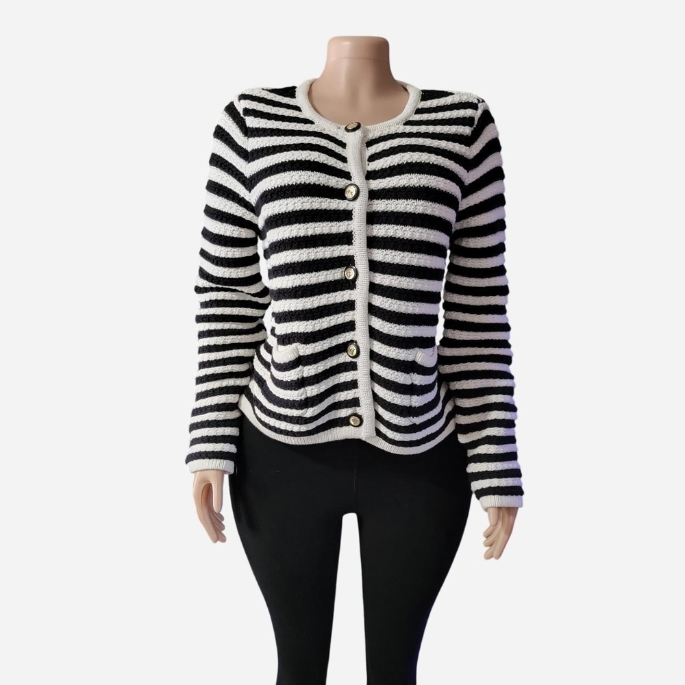 CeCe Black and White Striped Button-Front Cardigan